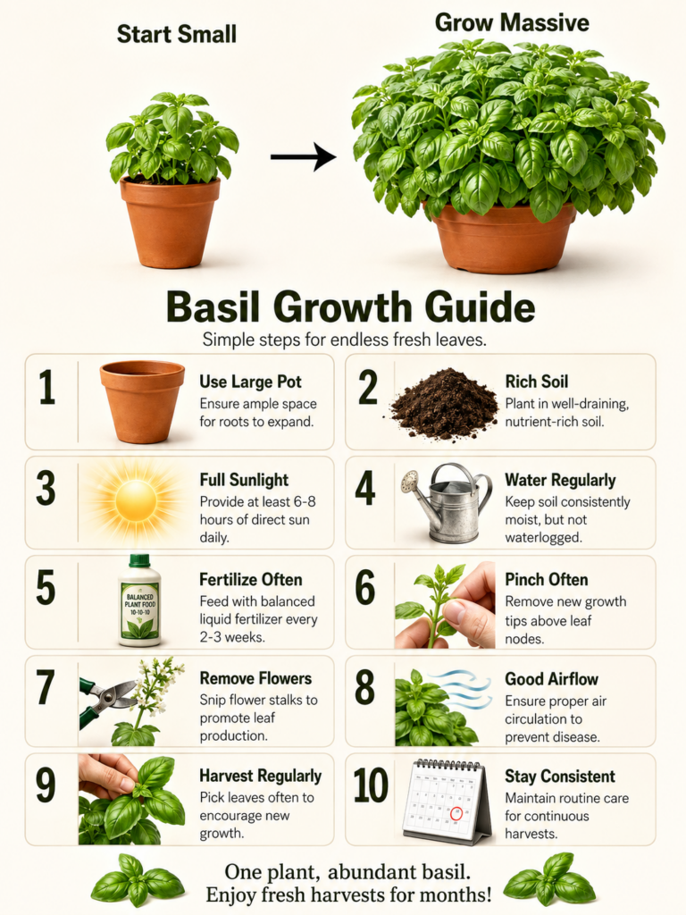 Infographic showing 10 steps for growing basil from a small plant to a massive one with tips on pot size soil sunlight w