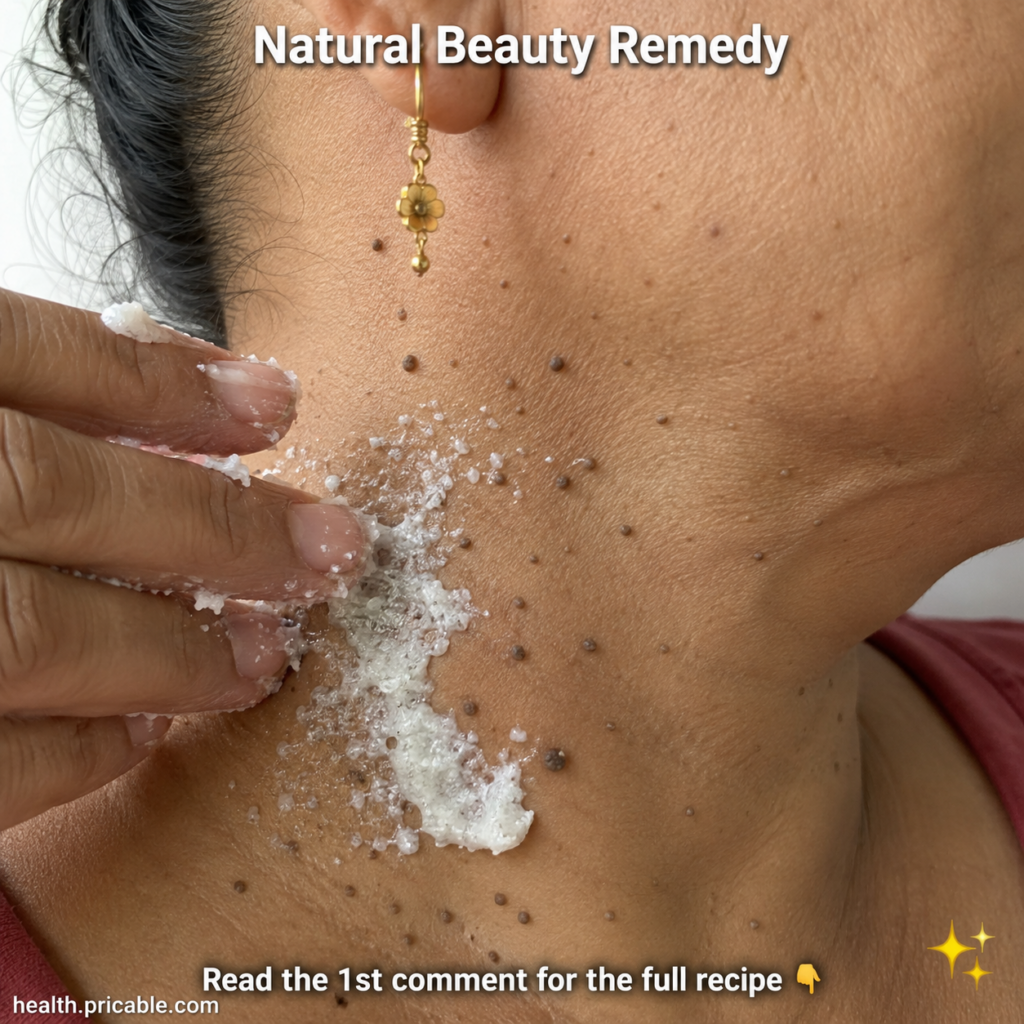 A close-up of a hand gently applying a white granular paste to the neck of a person focusing on areas with small skin ta