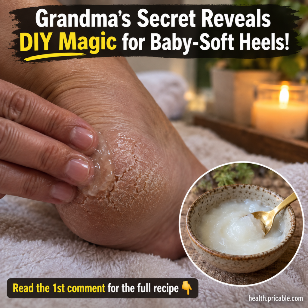 A close-up of a cracked heel with a hand gently applying a rich creamy balm In the background a spa-like setting with a 