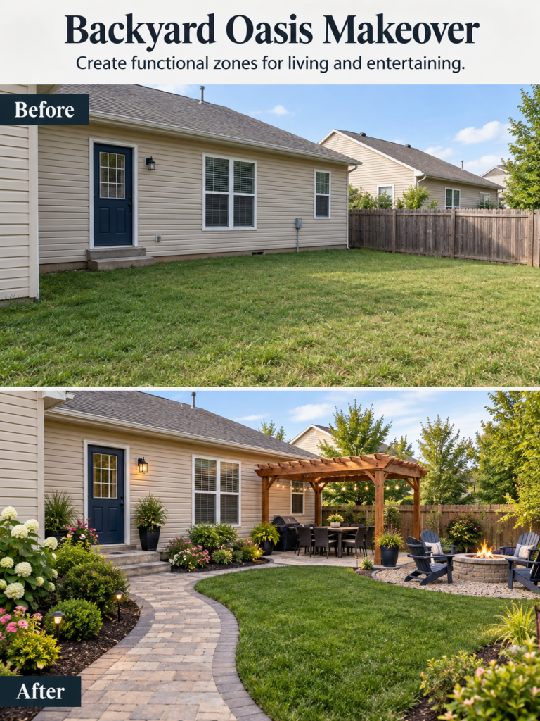 Before and After comparison of a backyard transformation The Before shows a plain lawn while the After reveals a multi-f