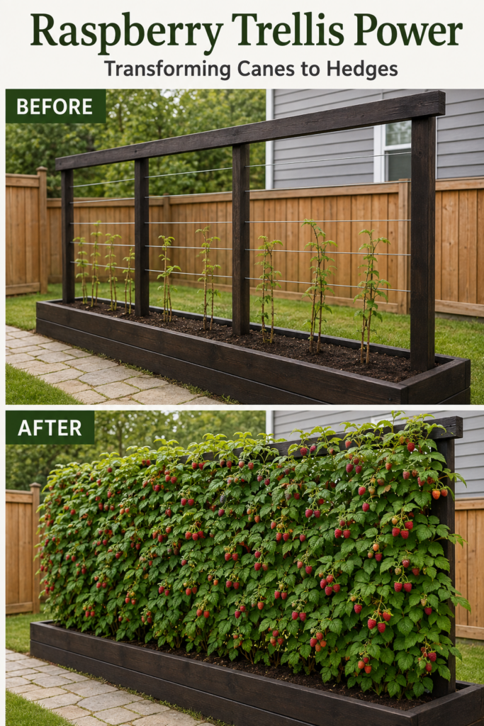 A Before and After comparison showing a raspberry patch The Before side has young sparse raspberry plants supported by a