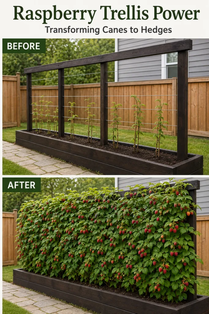 A Before and After comparison showing a raspberry patch The Before side has young sparse raspberry plants supported by a