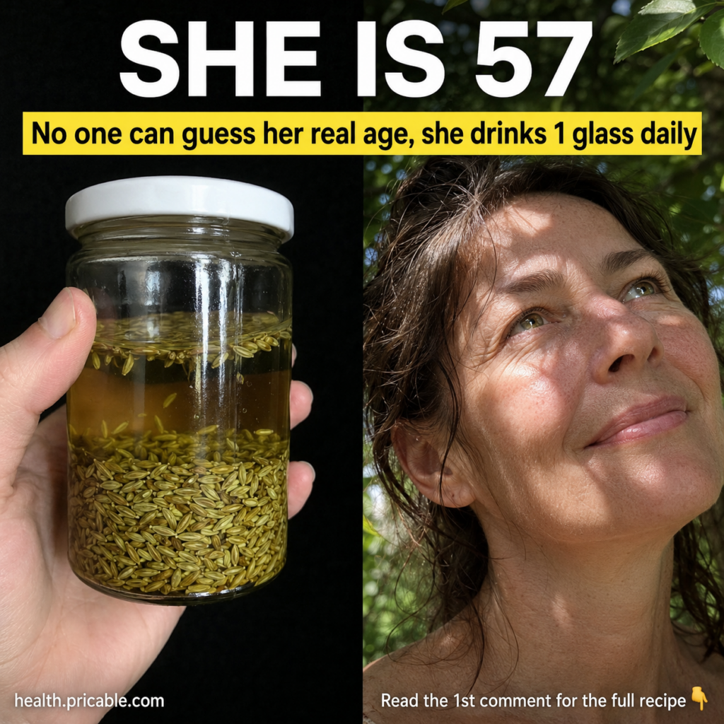 A split image showing a hand holding a glass jar with fennel seeds in amber liquid on one side and a radiant 57-year-old