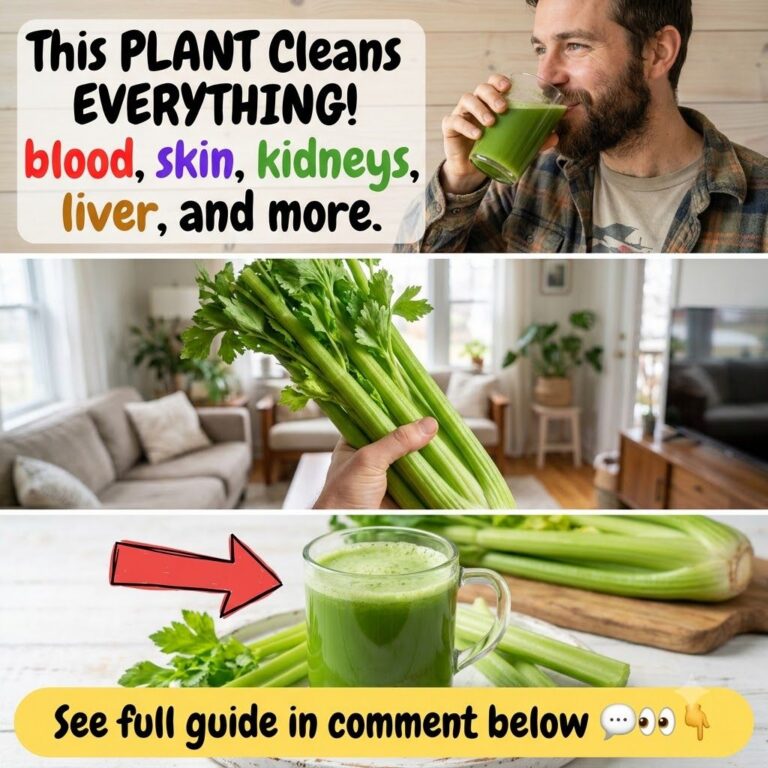 A vertical collage of three panels The top shows a cheerful bearded man drinking green celery juice with text This PLANT