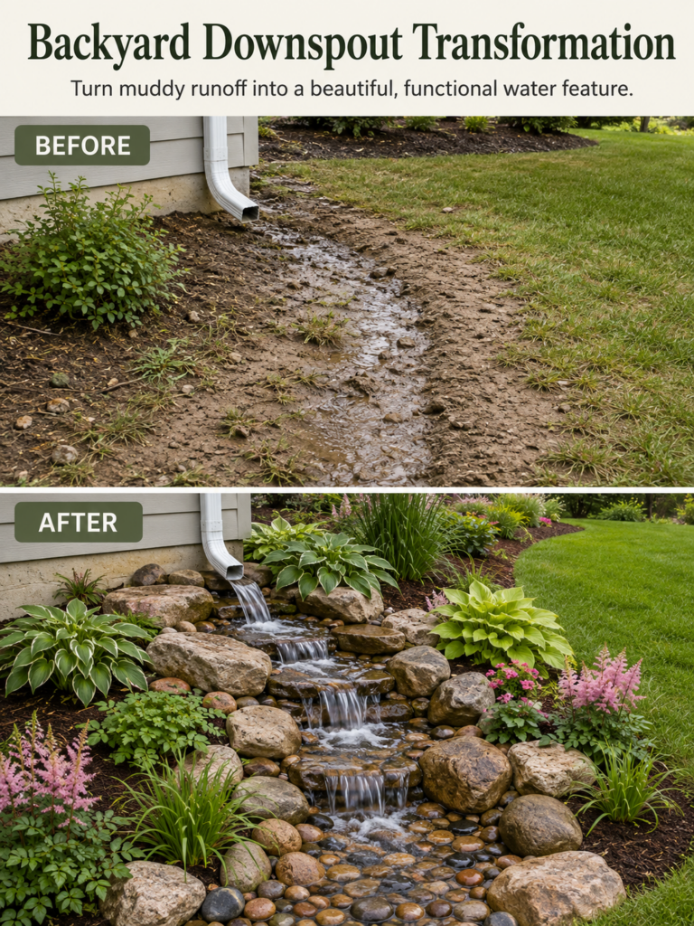 Before and after comparison of a backyard downspout area showing a muddy eroded path transformed into a tiered waterfall