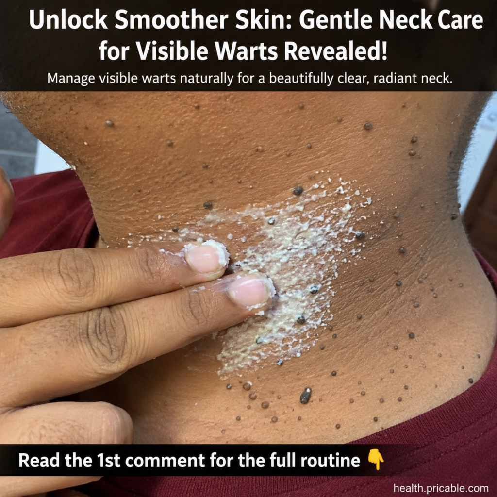 A hand gently applying a creamy white paste to several small skin tags on the neck of a person with medium-toned skin