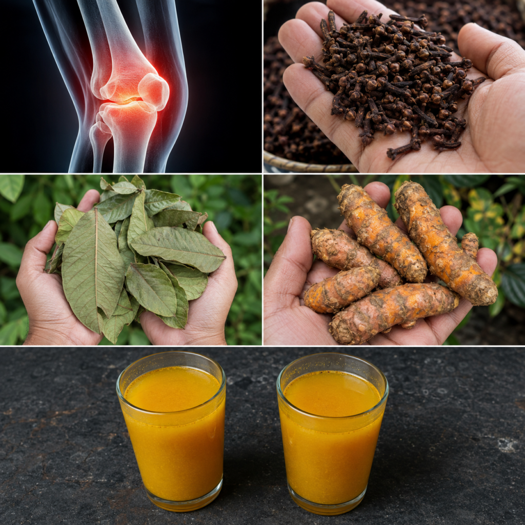 A collage showing a glowing knee joint dried cloves fresh guava leaves raw turmeric roots and two glasses of an orange-y