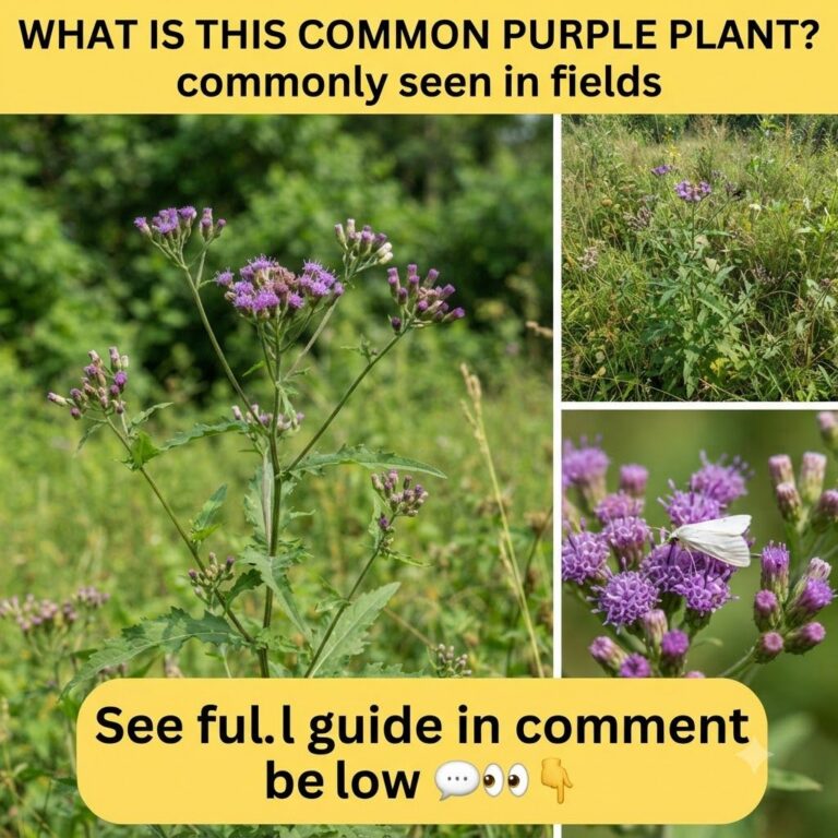 A vibrant collage-style graphic with a yellow banner asking WHAT IS THIS COMMON PURPLE PLANT commonly seen in fields The