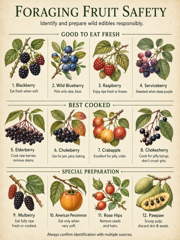 An infographic illustrating various wild fruits and their preparation methods categorized into Good to Eat Fresh Best Co