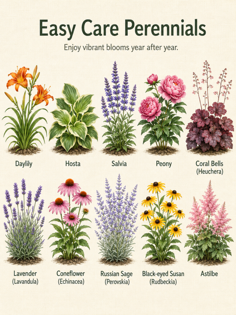 A beautiful illustration showing 10 different easy-care perennial plants each with its common name and botanical name Th