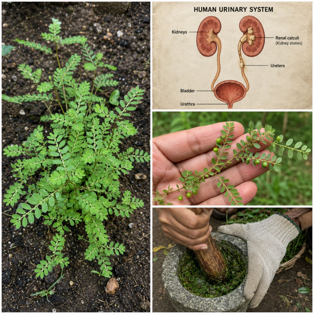 A four-panel collage showing a vibrant green Phyllanthus niruri plant an illustration of the human urinary system with k