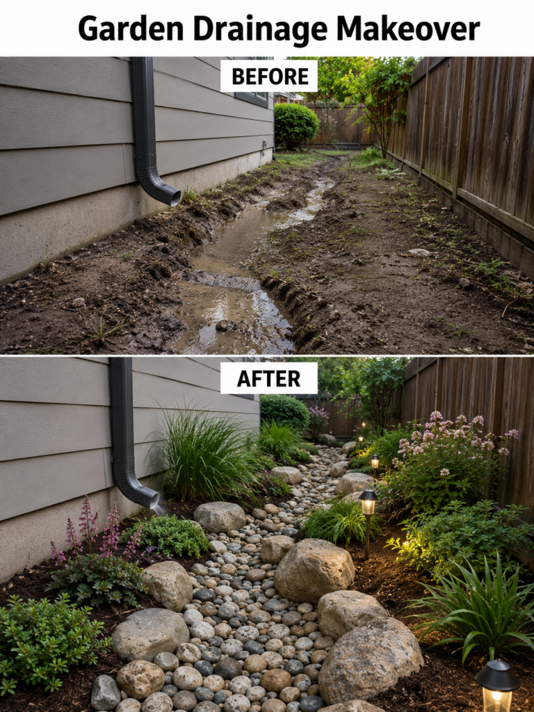 A Before and After comparison showing a muddy eroded area next to a house transformed into a beautiful dry creek bed wit