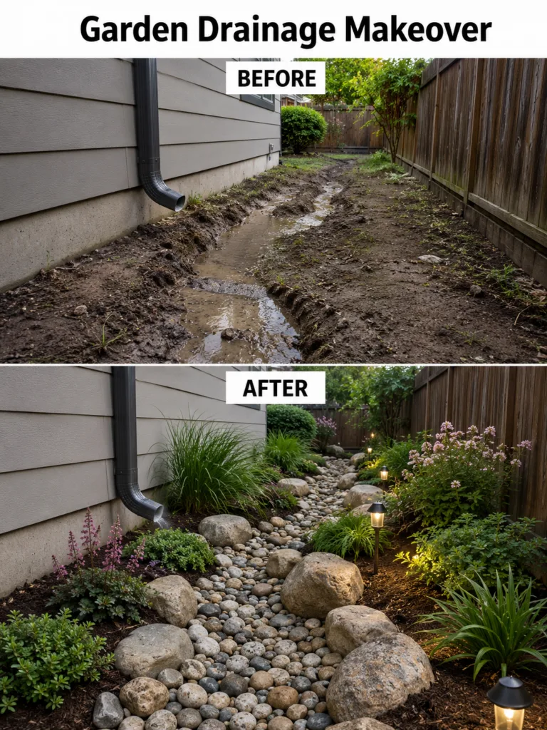 A Before and After comparison showing a muddy eroded area next to a house transformed into a beautiful dry creek bed wit