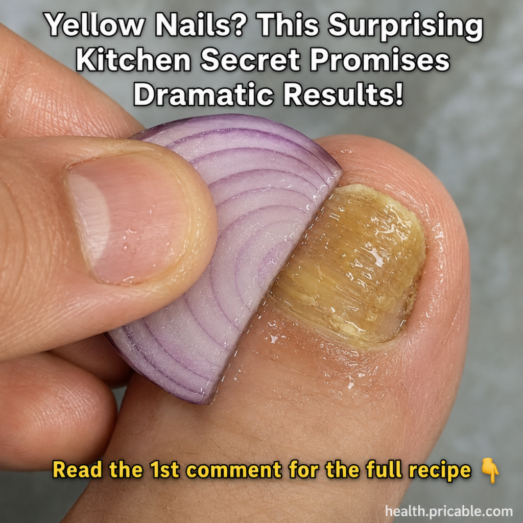 A close-up of a hand holding a slice of red onion and gently rubbing it onto a yellowed toenail highlighting the natural