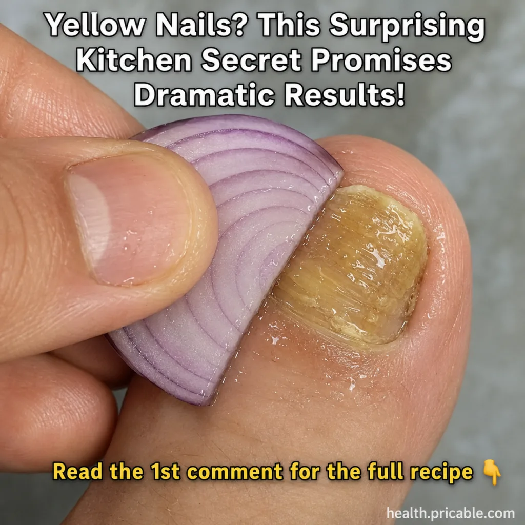 A close-up of a hand holding a slice of red onion and gently rubbing it onto a yellowed toenail highlighting the natural