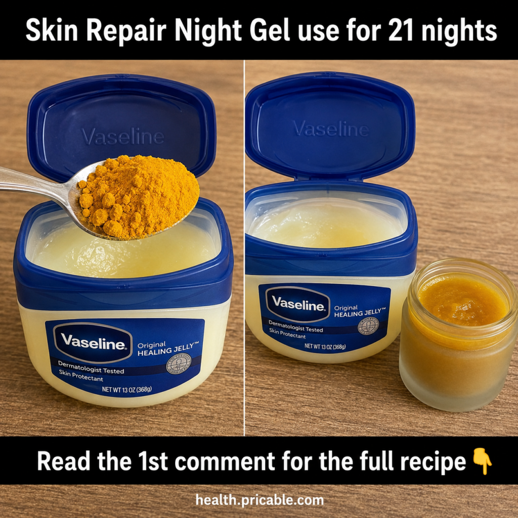 A split-panel image showing the preparation of a skin repair night gel One side shows a spoonful of turmeric powder abov