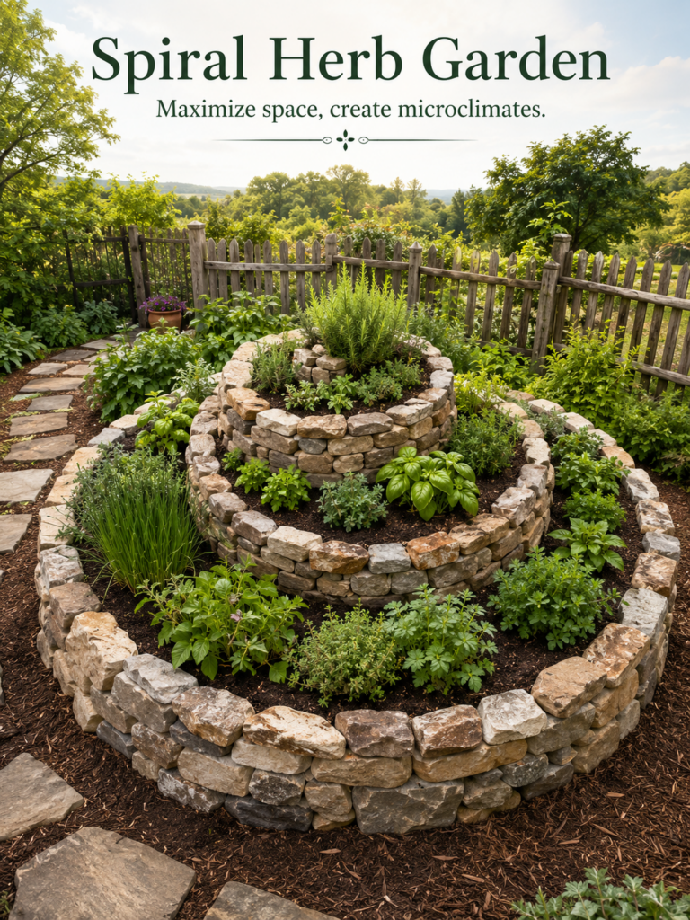 A beautifully designed spiral herb garden made of natural stones showcasing a variety of thriving herbs like rosemary ba