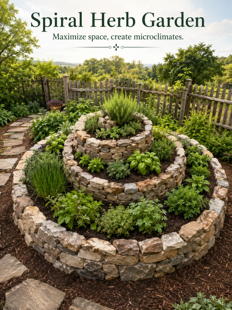 A beautifully designed spiral herb garden made of natural stones showcasing a variety of thriving herbs like rosemary ba