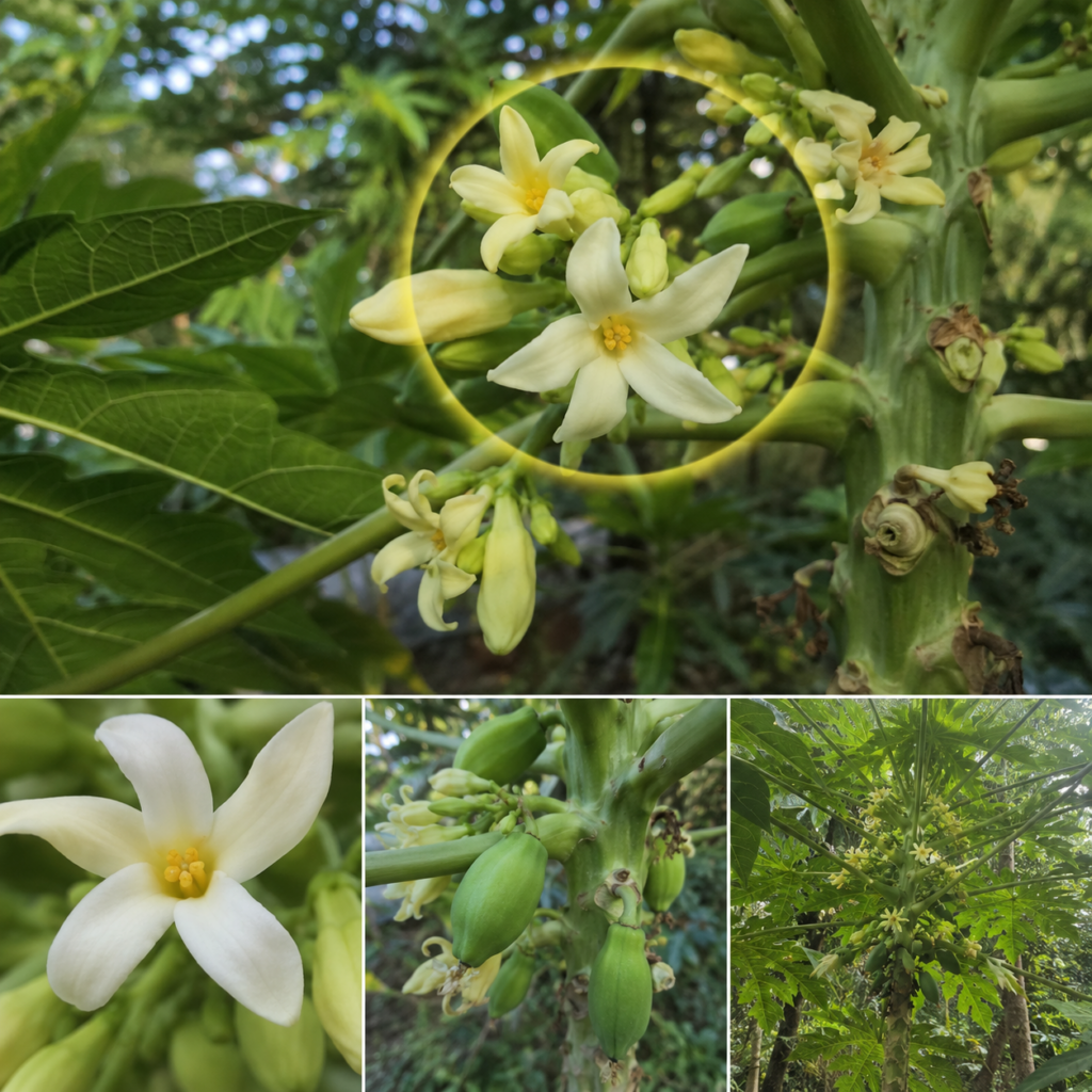 A collage showing close-up views of pale yellow-white papaya flowers delicate petals green leaves and clusters of small 