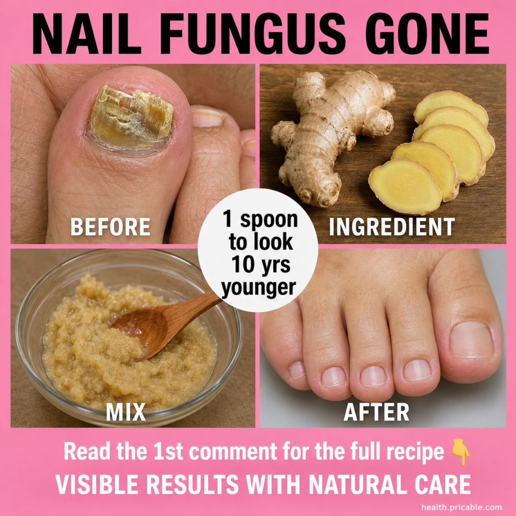 A split image showing a BEFORE close-up of a toenail with fungus and an AFTER close-up of a healthy clear toenail with g