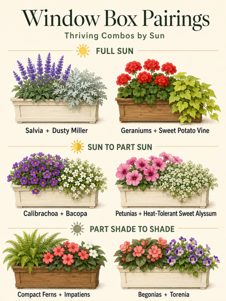 A vibrant collection of six window box plant arrangements categorized by full sun sun to part sun and part shade to shad