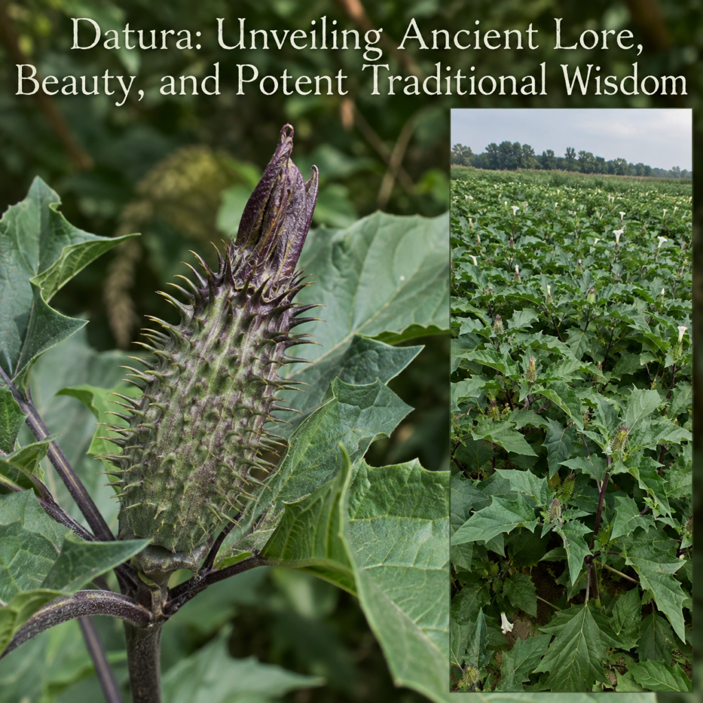 A close-up composite image of a Datura plant showing a spiky green and purple seed pod on the left surrounded by dark gr
