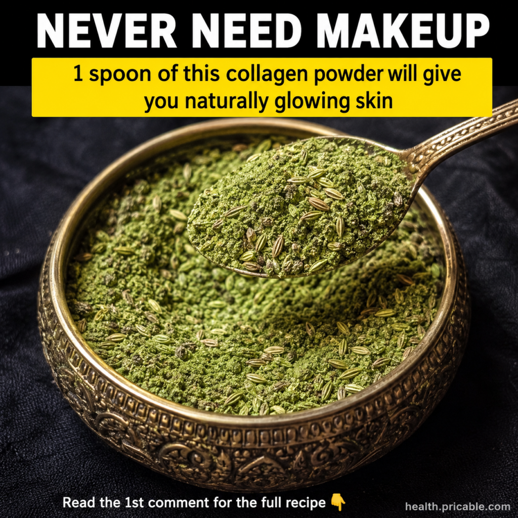A vibrant green powder in an ornate golden bowl with a matching golden spoon scooping a portion The powder has a fine gr