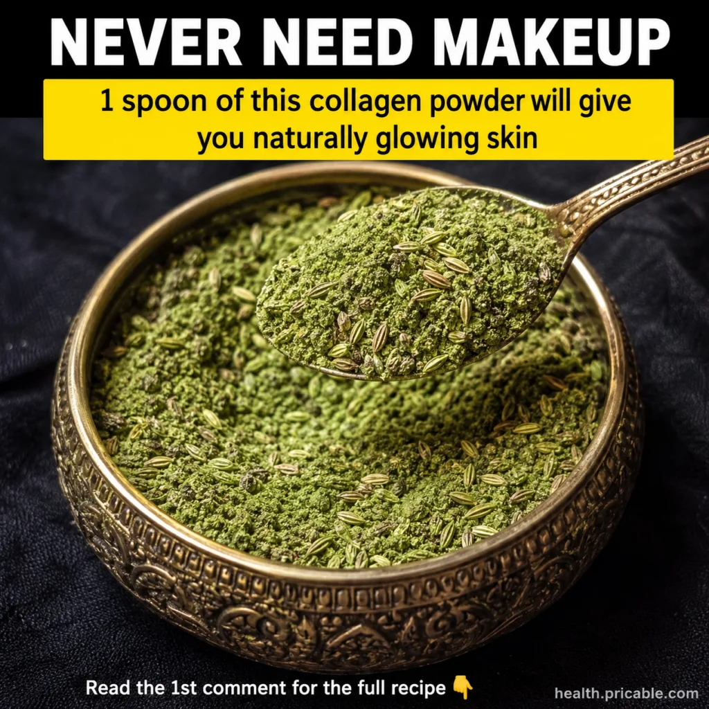 A vibrant green powder in an ornate golden bowl with a matching golden spoon scooping a portion The powder has a fine gr