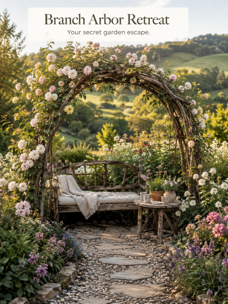 A beautiful garden retreat featuring a rustic branch arbor heavily adorned with light pink cream and pale yellow climbin