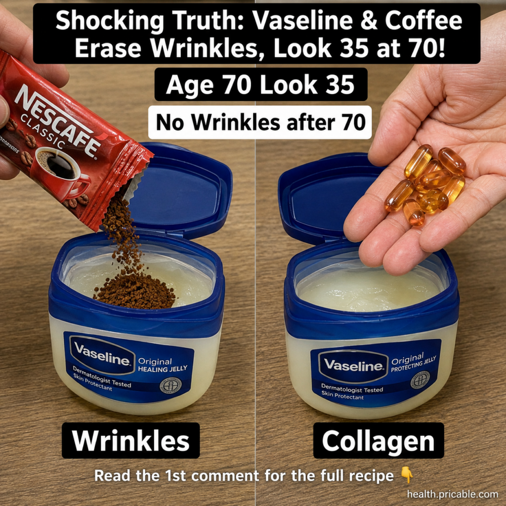 A split-screen image showing one hand pouring instant coffee granules into a Vaseline tub labeled Wrinkles and another h