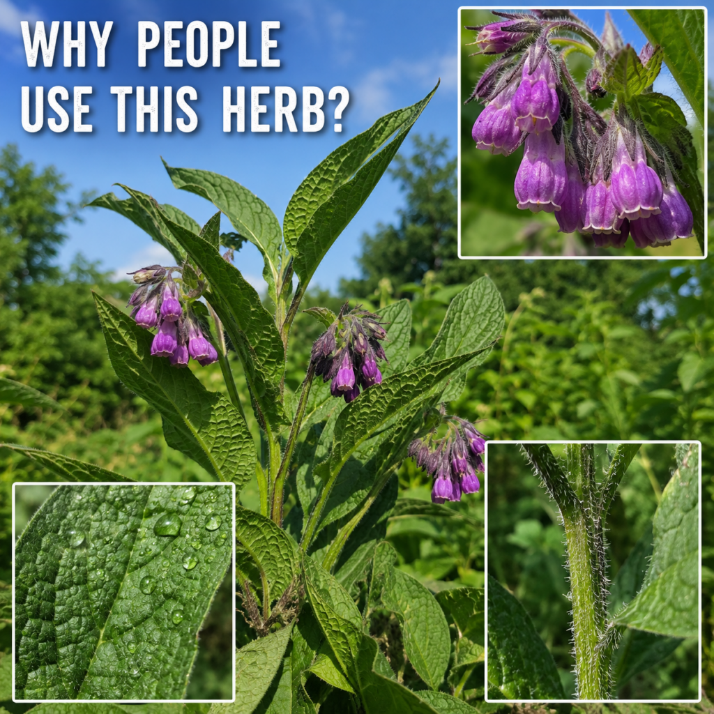 A vibrant comfrey plant with purple bell-shaped flowers and large textured green leaves under a bright blue sky with thr