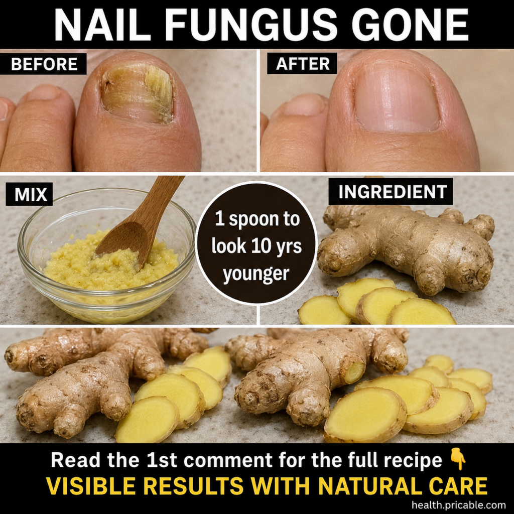 Before and after comparison of a toenail showing a severe fungal infection on the left and a clean healthy nail on the r