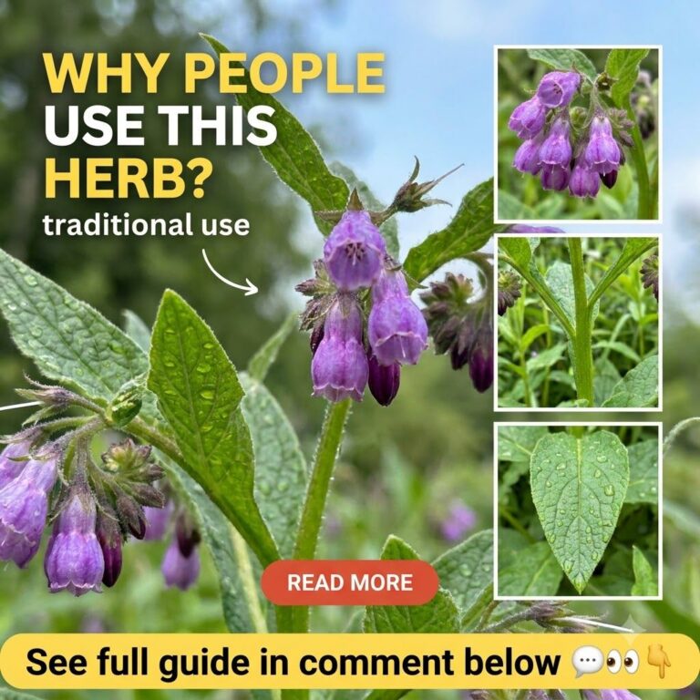 Close-up of a flowering Comfrey plant Symphytum officinale with green leaves visible veins and clusters of vibrant purpl