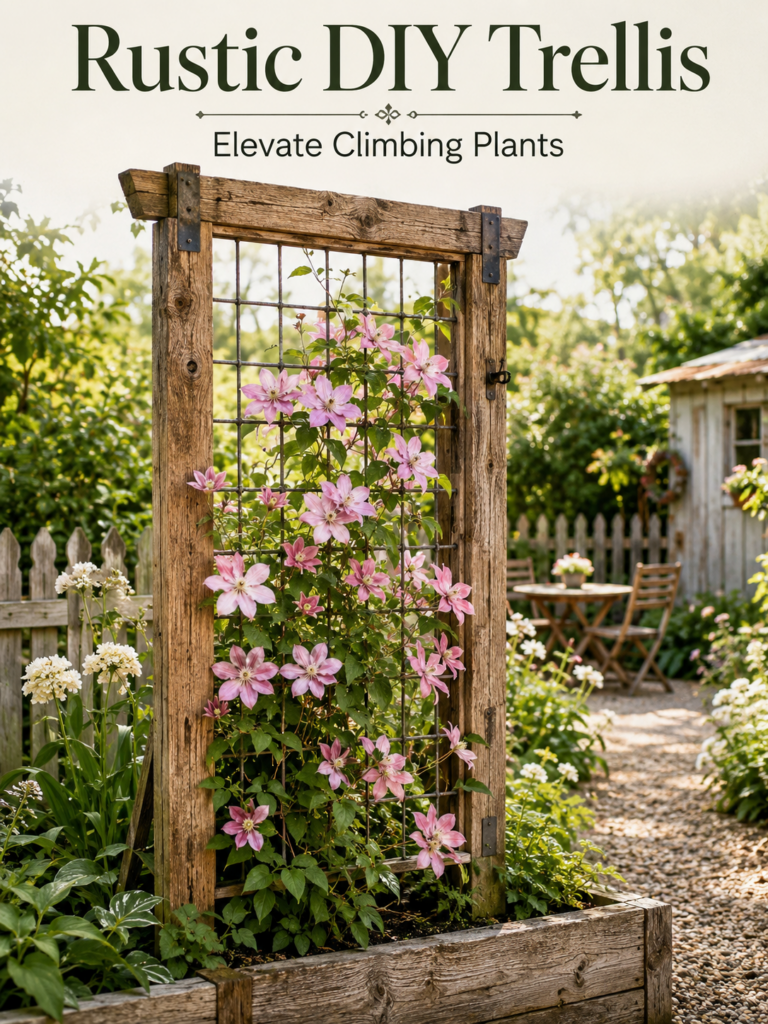 A beautiful rustic DIY trellis in a lush garden setting constructed from weathered wooden beams and a metal grid support