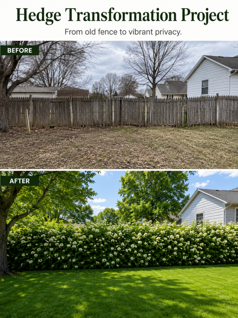 A before-and-after comparison showing a dilapidated wooden picket fence in a drab backyard transformed into a lush vibra