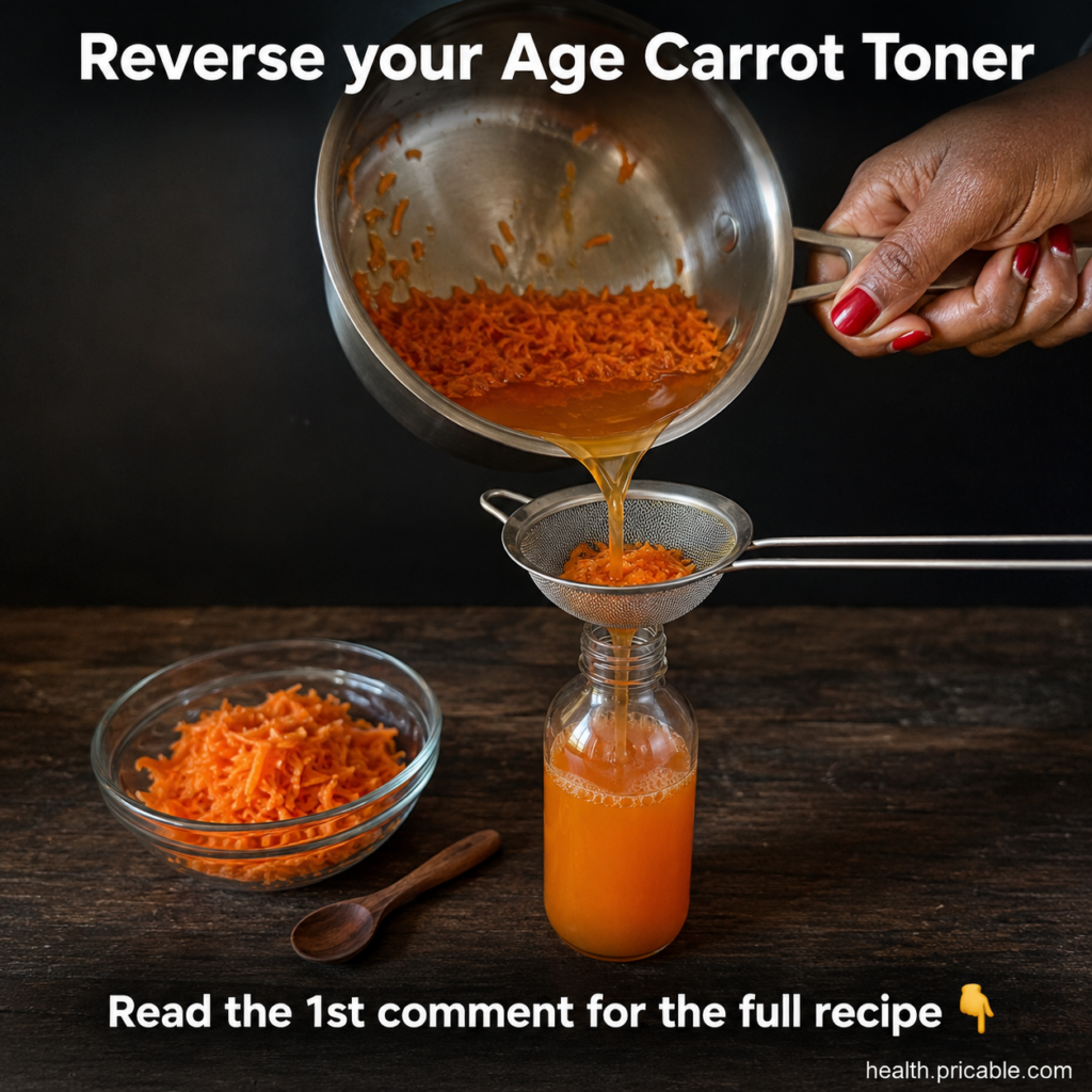 A close-up overhead shot of a person pouring golden-orange carrot liquid through a fine-mesh strainer into a small glass