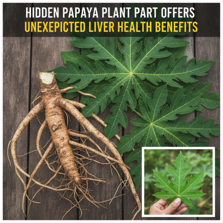 A flat lay composition of a gnarled papaya root and several vibrant green papaya leaves on a dark wooden surface emphasi