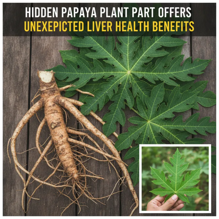 A flat lay composition of a gnarled papaya root and several vibrant green papaya leaves on a dark wooden surface emphasi