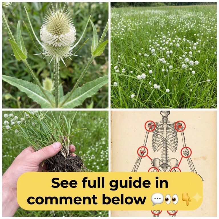 A four-panel collage featuring top-left a close-up of a Dipsacus plant top-right a field of Kyllinga bottom-left a hand 