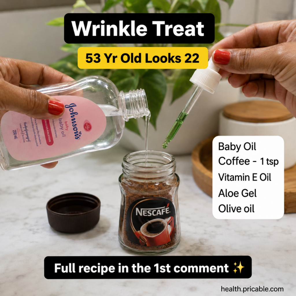 Hands mixing instant coffee granules baby oil and other oils in a small bowl on a light countertop