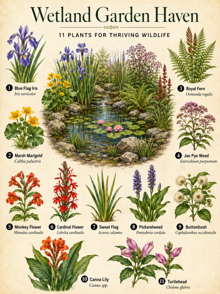 An illustration of a tranquil wetland pond with water lilies various aquatic plants and natural rocks Eleven distinct bo