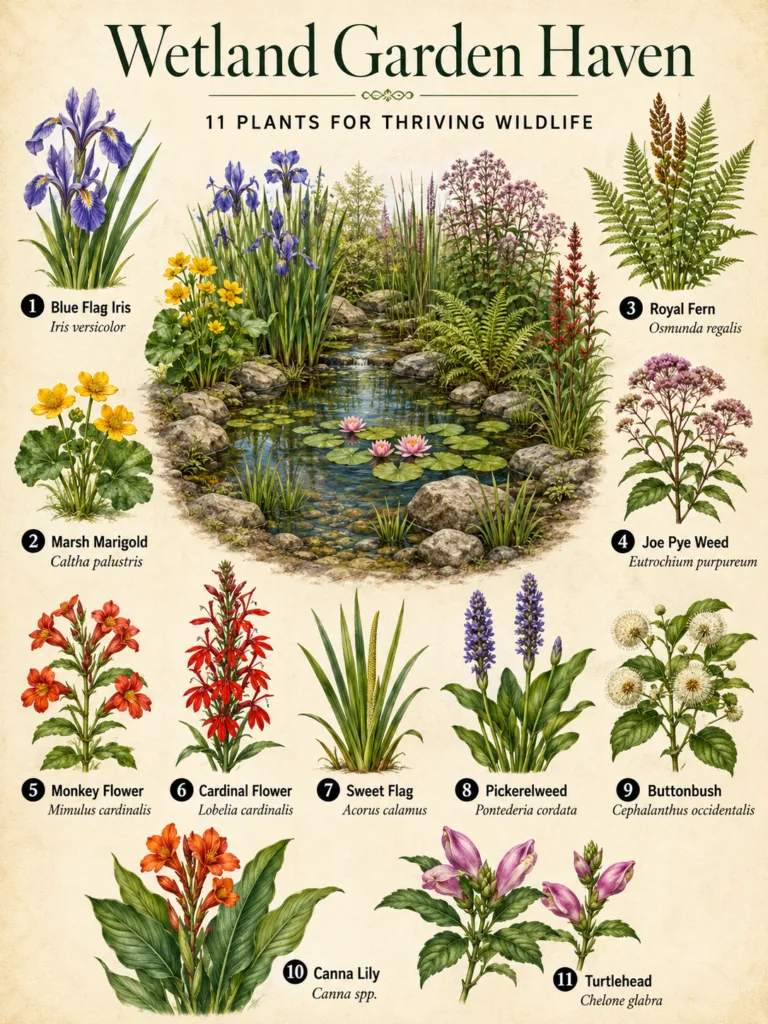 An illustration of a tranquil wetland pond with water lilies various aquatic plants and natural rocks Eleven distinct bo
