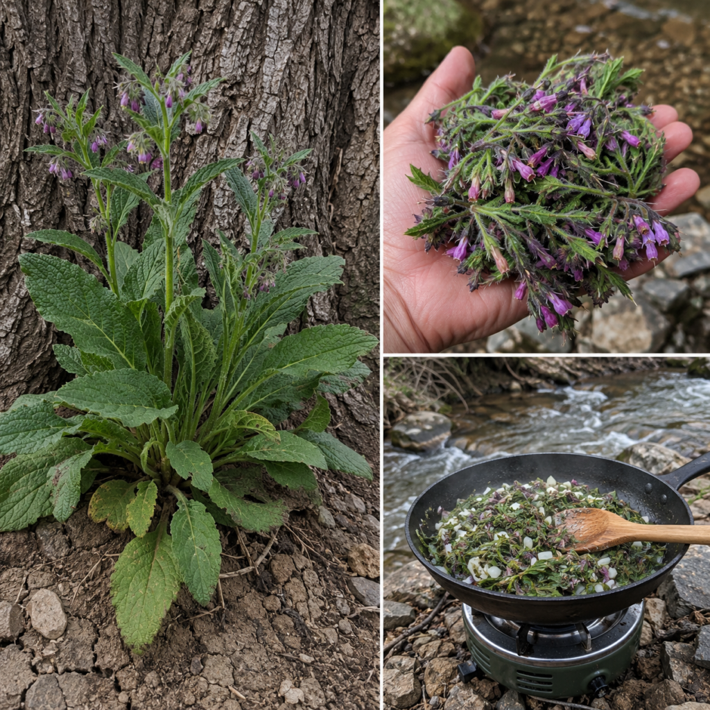 A three-panel collage showing a Comfrey plant growing a hand harvesting its leaves and flowers and chopped Comfrey being