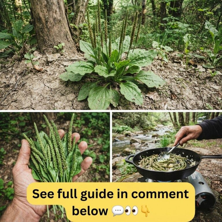 A vertical collage showing a plantain plant with spikes in nature a hand holding harvested spikes and leaves and cooked 
