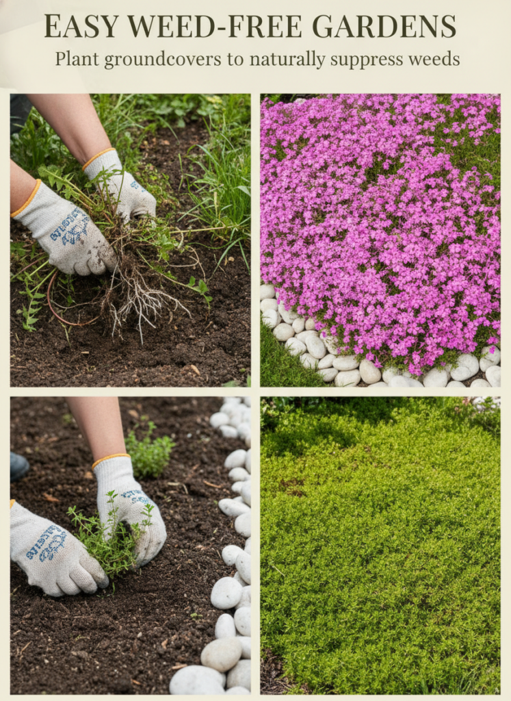 A four-panel visual showing the contrast between weeding by hand and cultivating a garden with groundcovers One panel sh