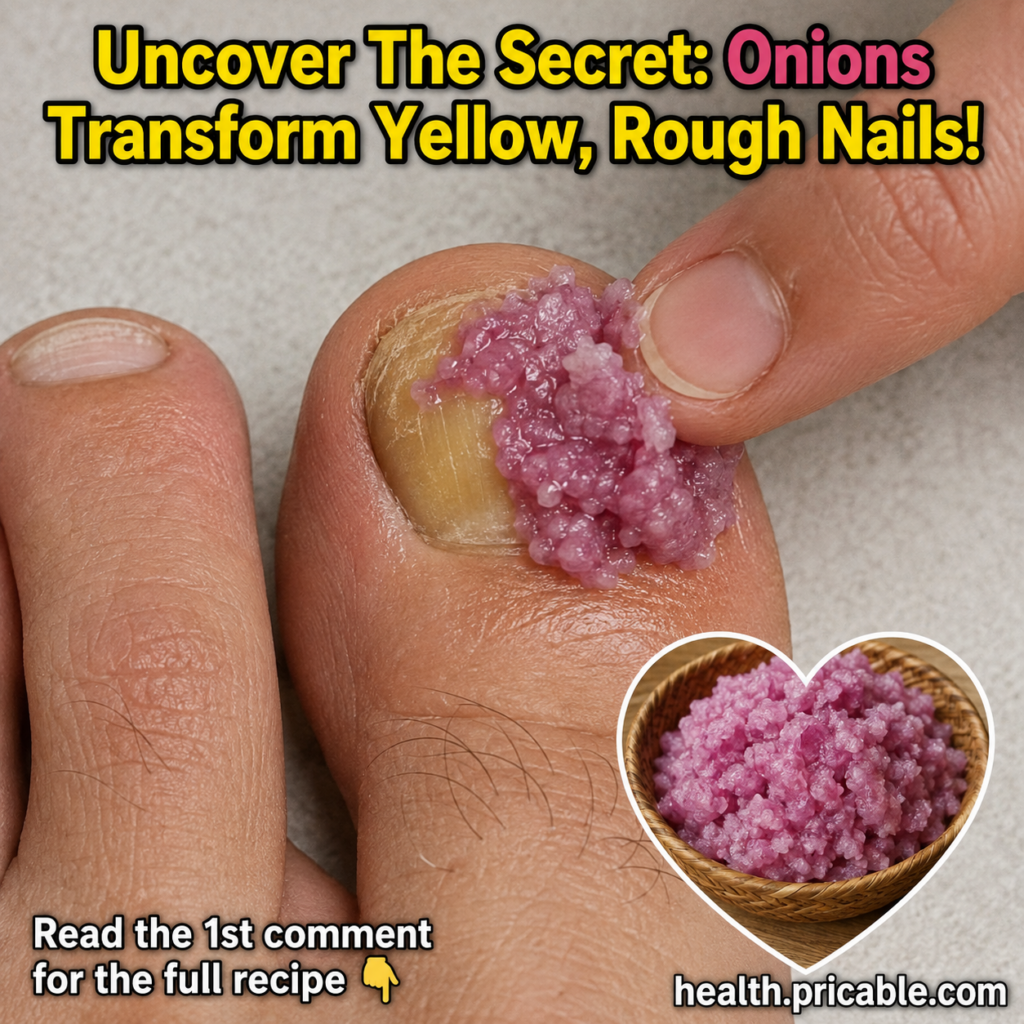 A hand applying a vibrant purple onion paste to a visibly yellow and rough big toenail with a healthy nail partially vis