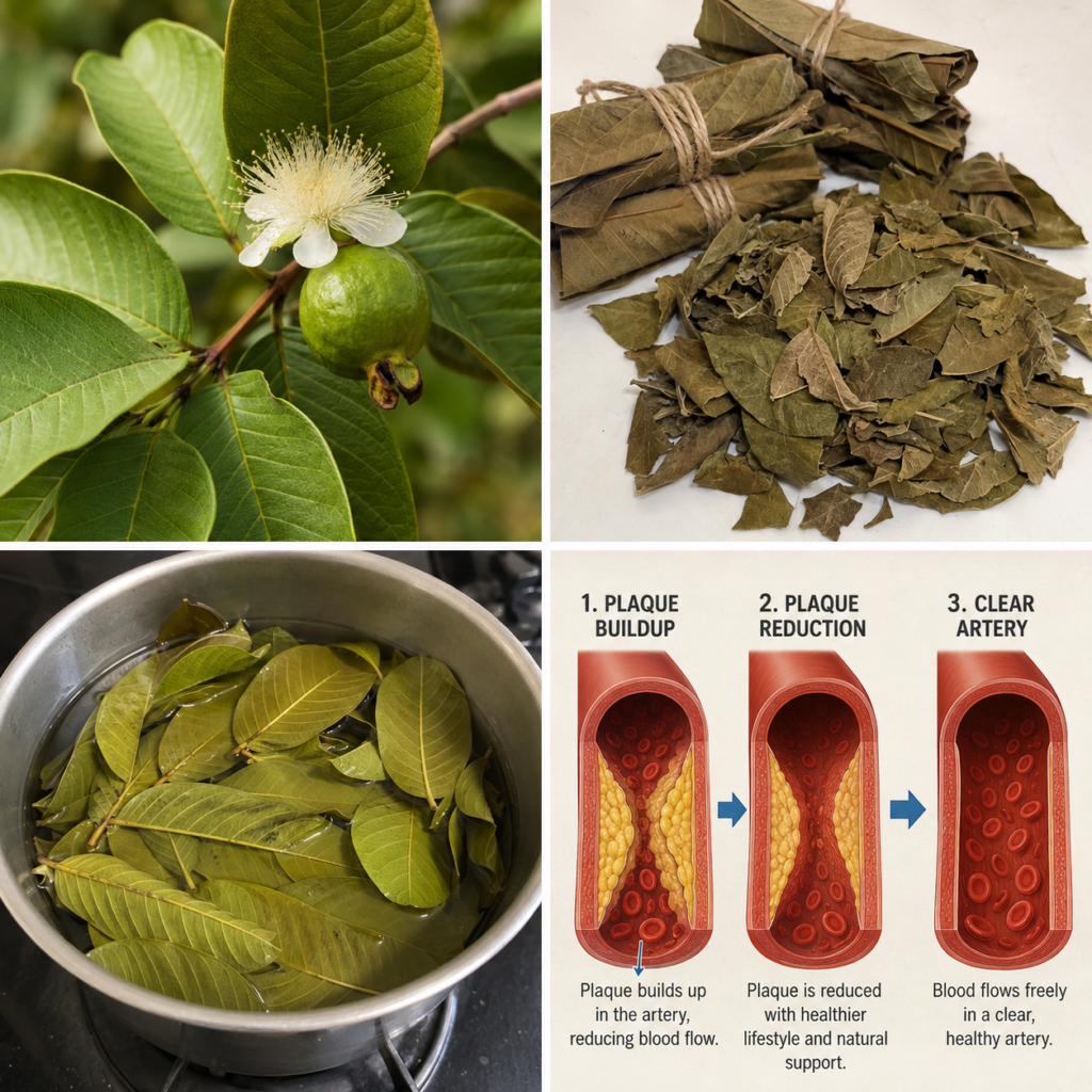 A four-panel composition showing fresh guava leaves and fruit dried guava leaves guava leaves simmering in a pot and a s