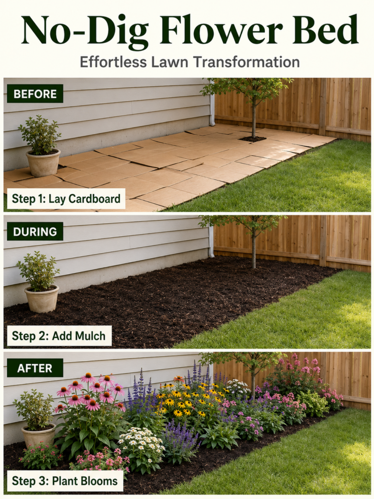 An infographic showing three stages of a no-dig flower bed transformation BEFORE lawn with cardboard laid DURING cardboa