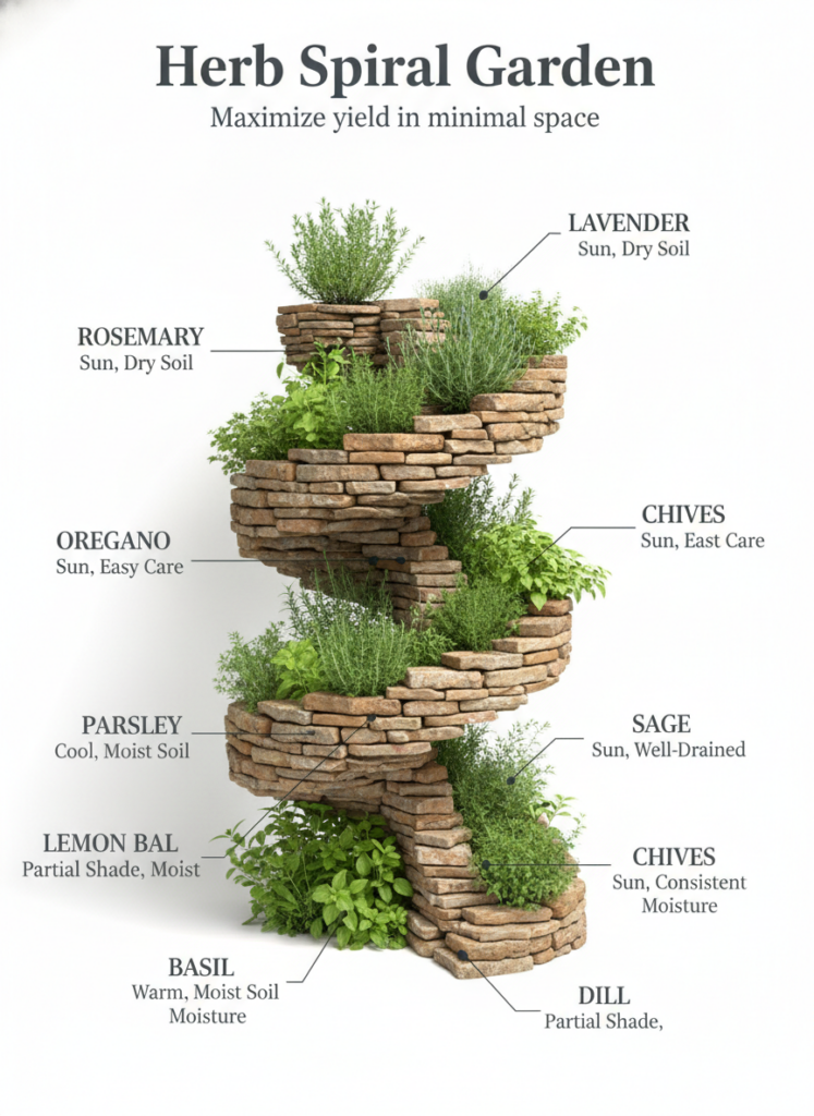 An isometric 3D rendering of an herb spiral garden made of stacked stones showing various herbs planted on different lev