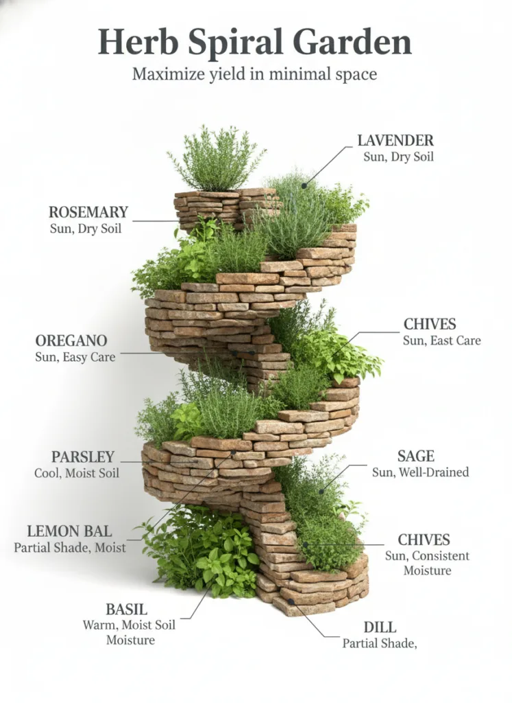 An isometric 3D rendering of an herb spiral garden made of stacked stones showing various herbs planted on different lev